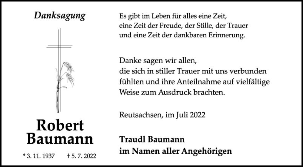  Traueranzeige für Robert Baumann vom 27.07.2022 aus Fränkische Nachrichten
