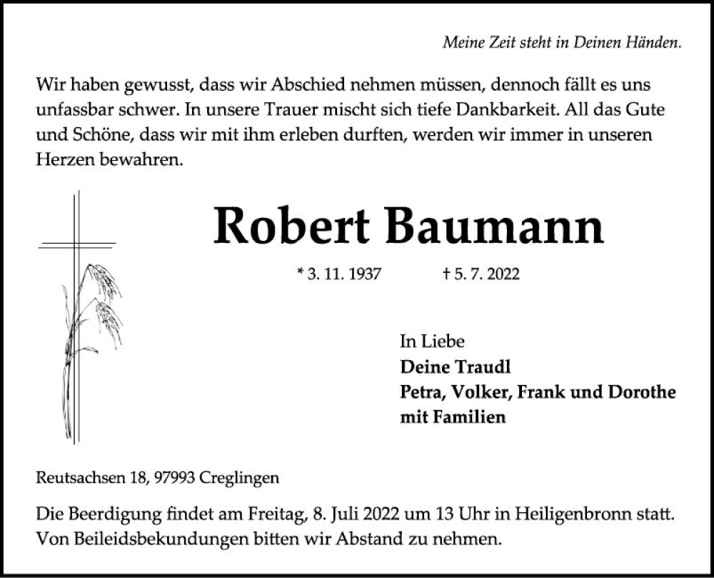  Traueranzeige für Robert Baumann vom 07.07.2022 aus Fränkische Nachrichten