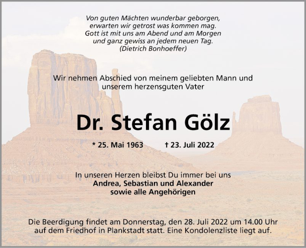  Traueranzeige für Stefan Gölz vom 26.07.2022 aus Schwetzinger Zeitung