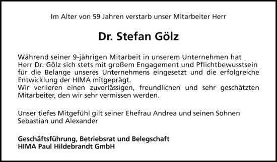 Traueranzeige von Stefan Gölz von Schwetzinger Zeitung