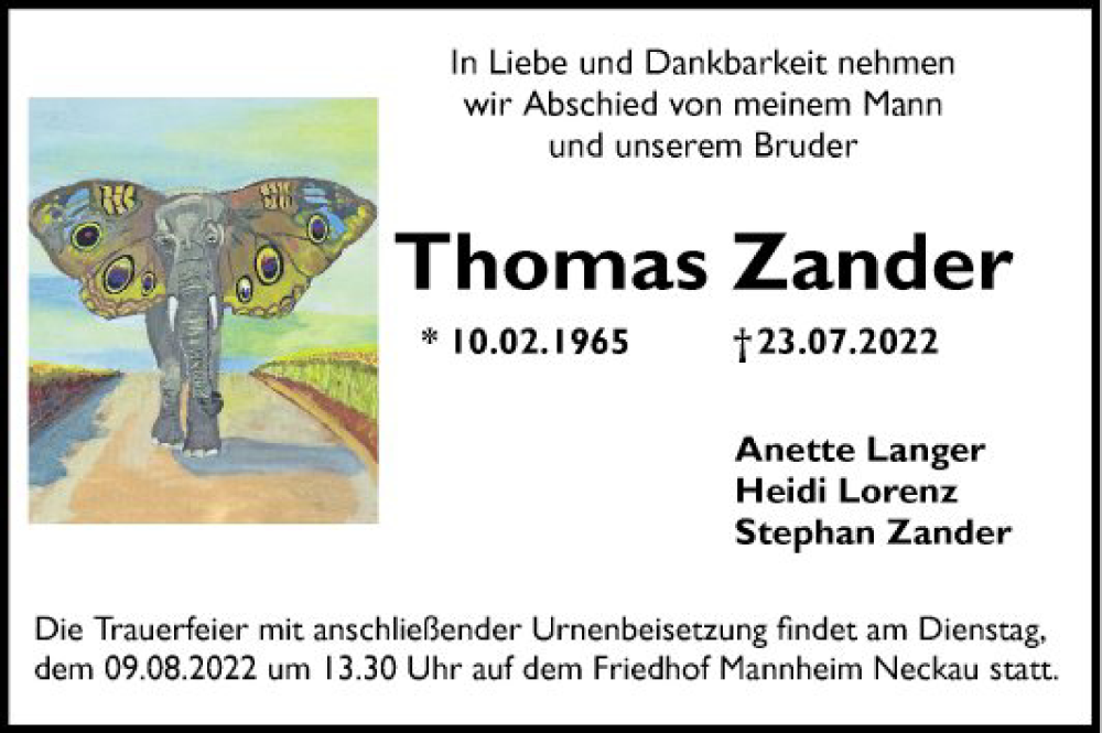  Traueranzeige für Thomas Zander vom 30.07.2022 aus Mannheimer Morgen