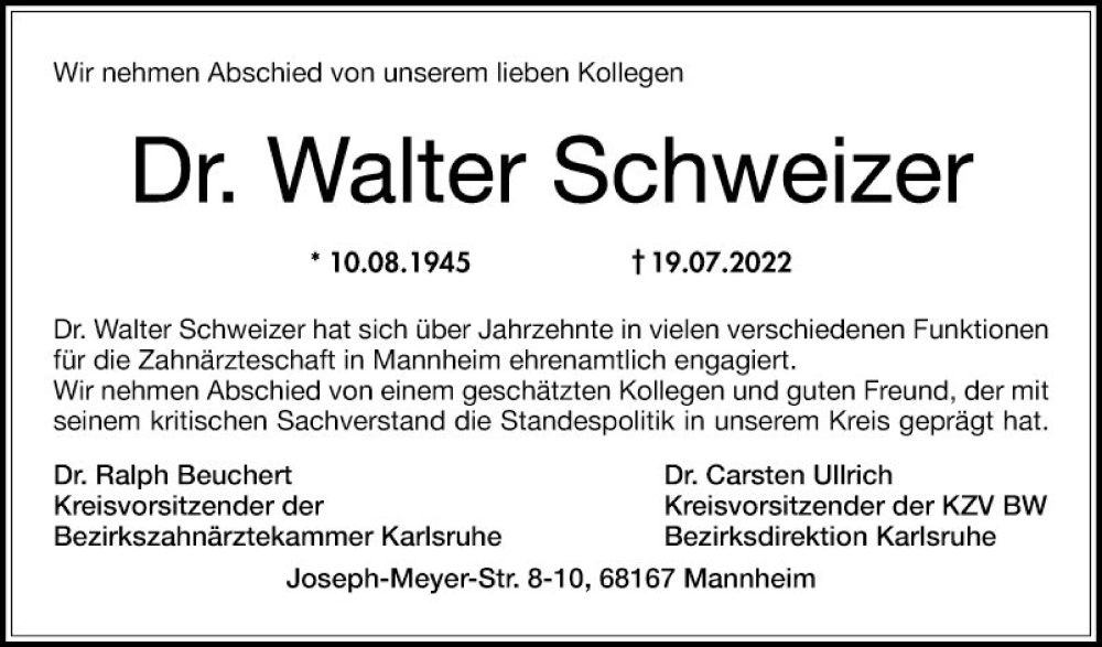  Traueranzeige für Walter Schweizer vom 30.07.2022 aus Mannheimer Morgen