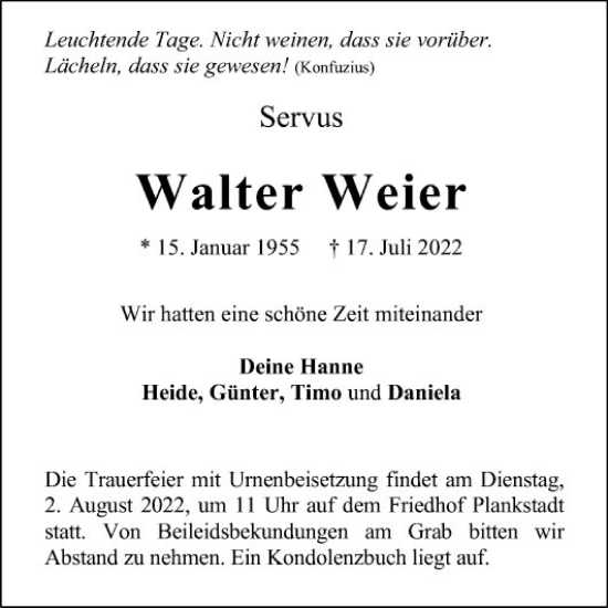 Traueranzeige von Walter Weier von Schwetzinger Zeitung