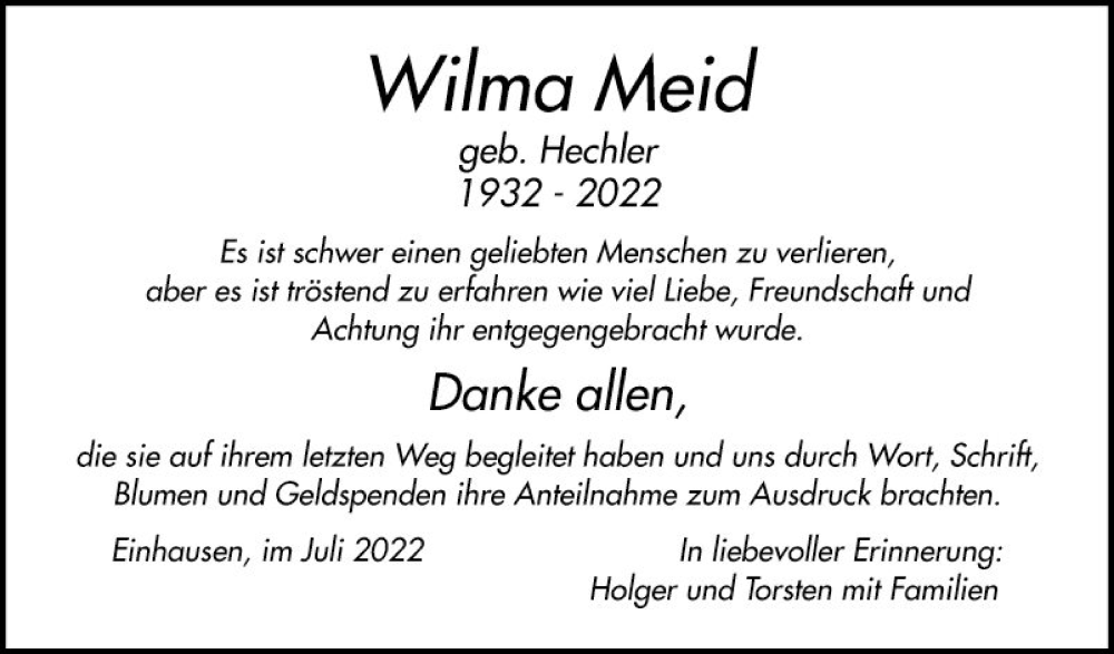  Traueranzeige für Wilma Meid vom 30.07.2022 aus Bergsträßer Anzeiger