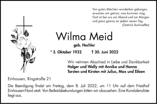 Traueranzeige von Wilma Meid von Bergsträßer Anzeiger