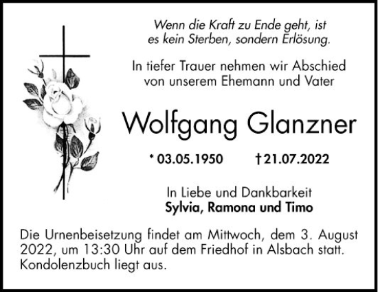 Traueranzeige von Wolfgang Glanzner von Bergsträßer Anzeiger