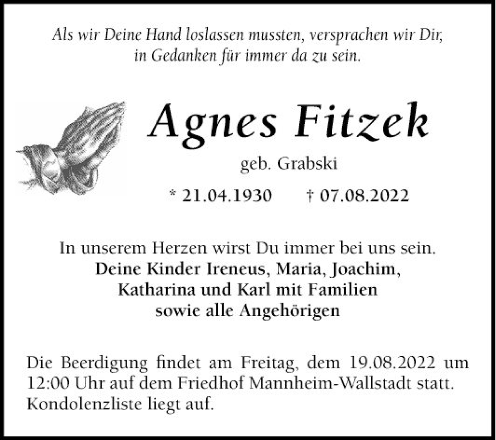  Traueranzeige für Agnes Fitzek vom 13.08.2022 aus Mannheimer Morgen