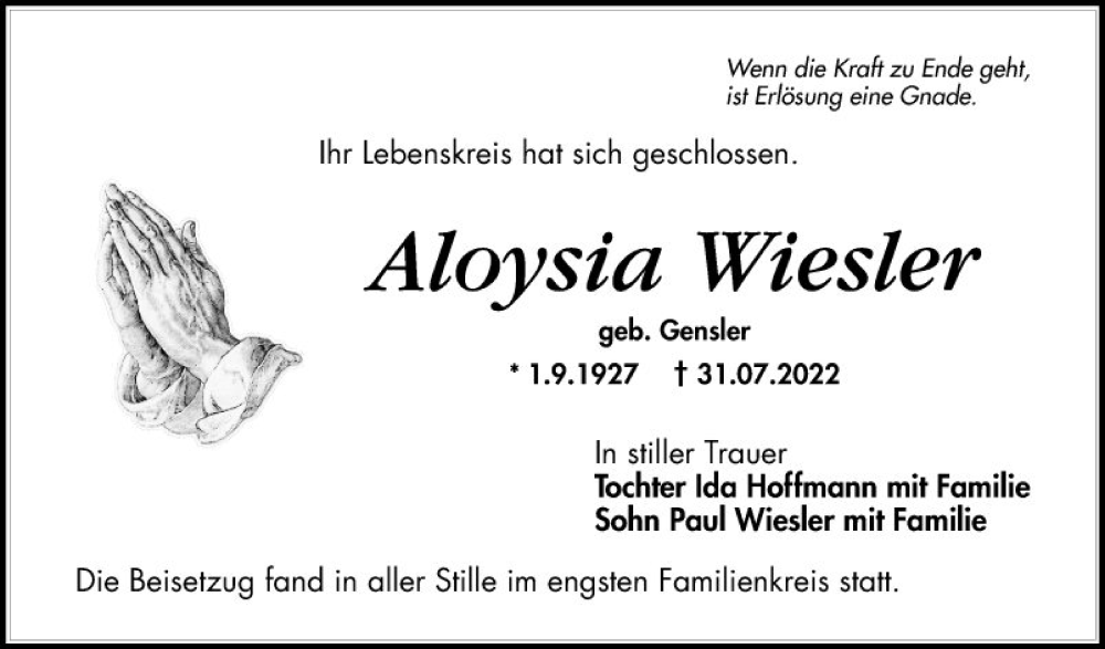  Traueranzeige für Aloysia Wiesler vom 13.08.2022 aus Schwetzinger Zeitung