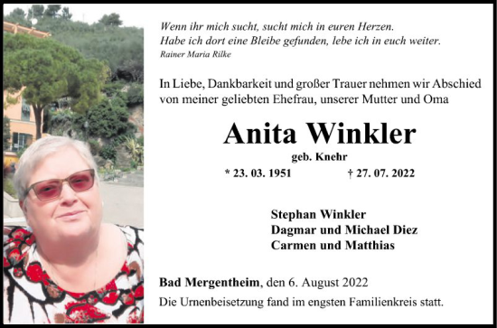 Traueranzeige von Anita Winkler von Fränkische Nachrichten