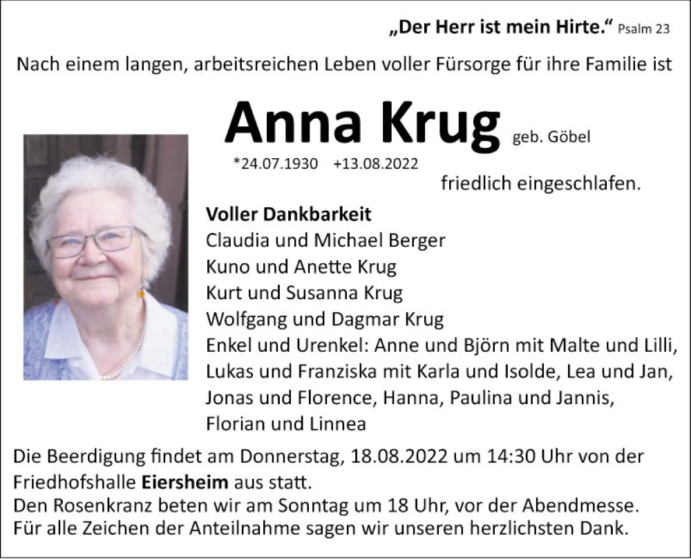  Traueranzeige für Anna Krug vom 16.08.2022 aus Fränkische Nachrichten