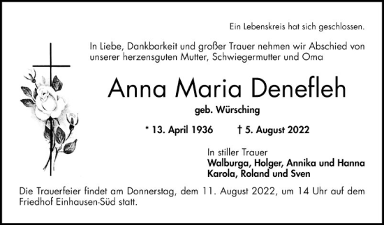 Traueranzeige von Anna Maria Denefleh von Bergsträßer Anzeiger