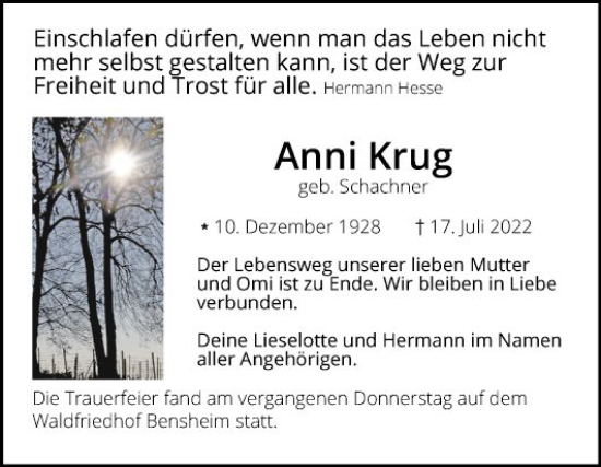 Traueranzeige von Anni Krug von Bergsträßer Anzeiger