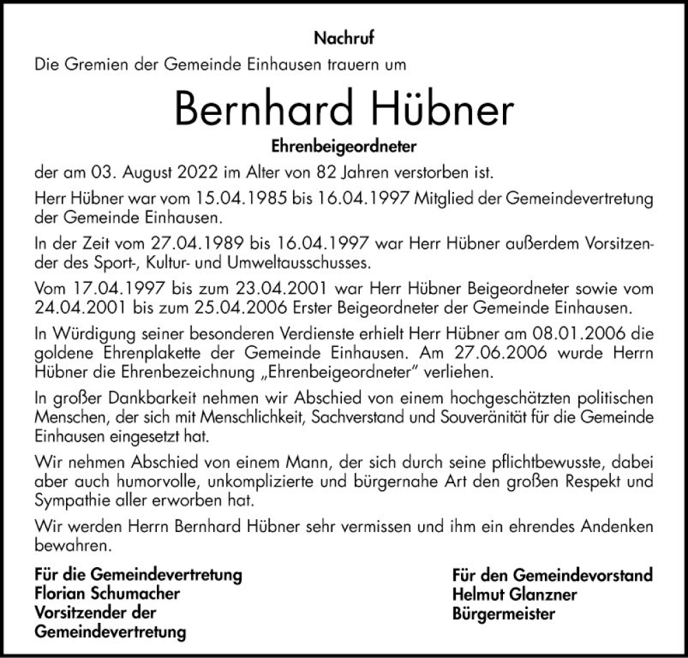  Traueranzeige für Bernhard Hübner vom 16.08.2022 aus Bergsträßer Anzeiger