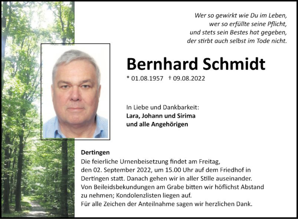  Traueranzeige für Bernhard Schmidt vom 27.08.2022 aus Fränkische Nachrichten