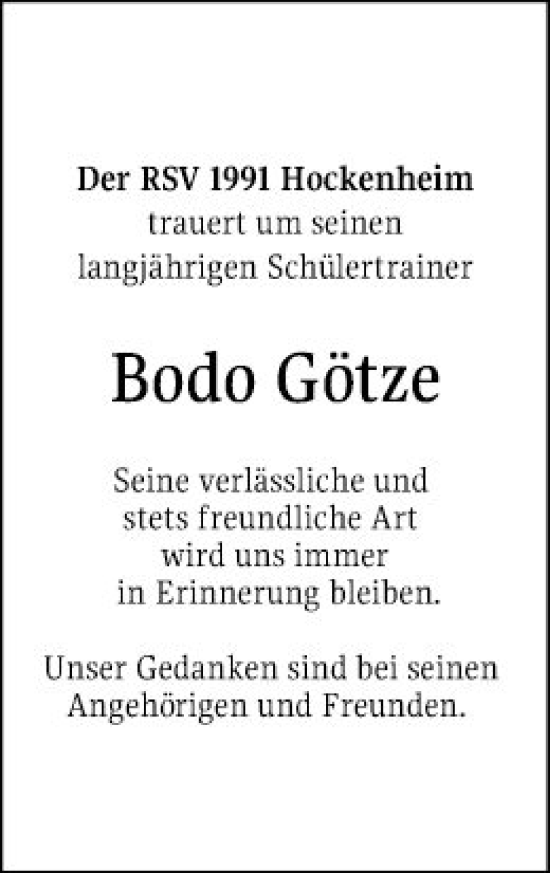 Traueranzeige von Bodo Götze von Schwetzinger Zeitung