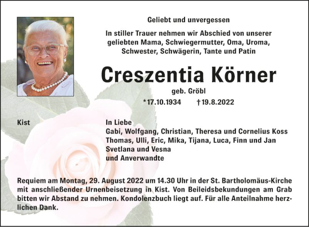  Traueranzeige für Creszentia Körner vom 27.08.2022 aus Fränkische Nachrichten