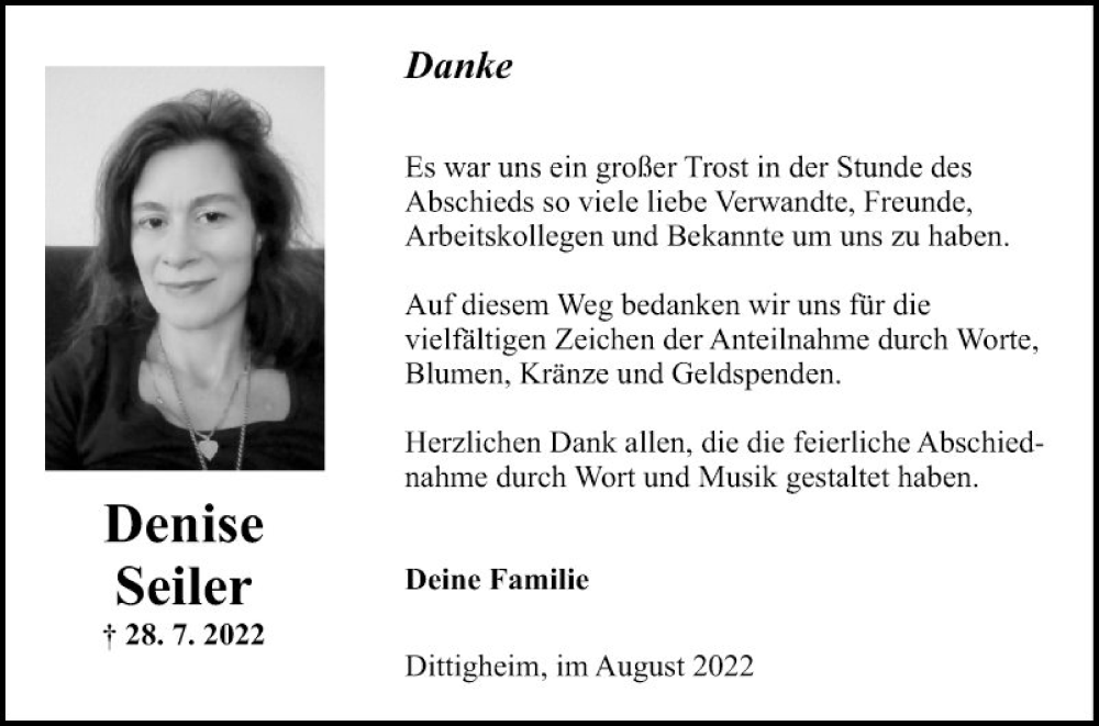  Traueranzeige für Denise Seiler vom 24.08.2022 aus Fränkische Nachrichten