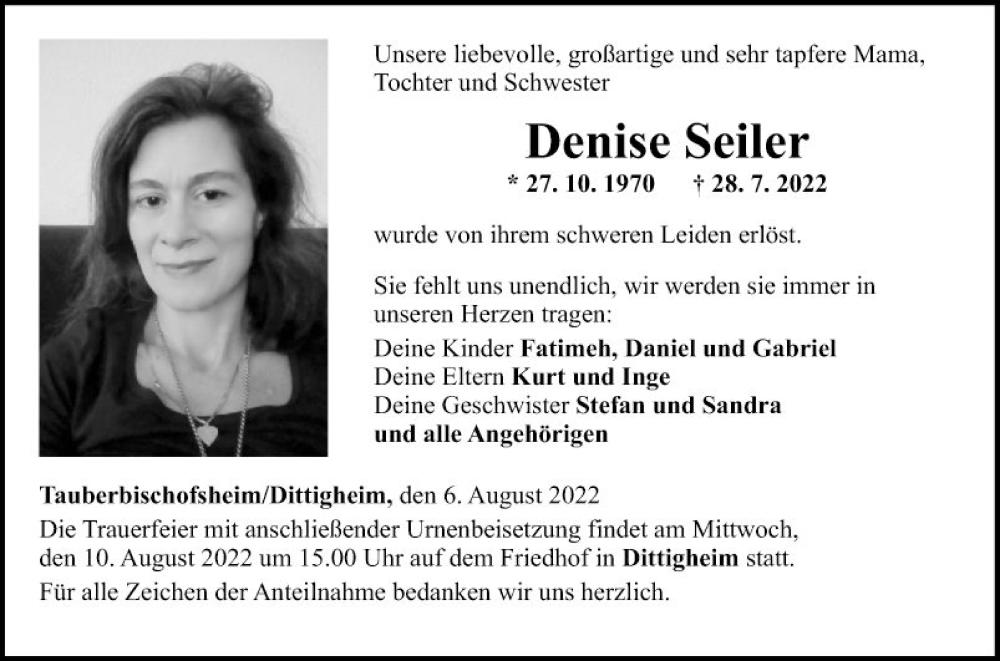  Traueranzeige für Denise Seiler vom 06.08.2022 aus Fränkische Nachrichten