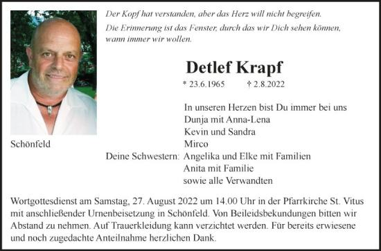 Traueranzeige von Detlef Krapf von Fränkische Nachrichten