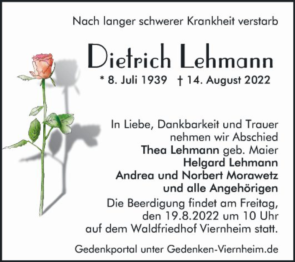  Traueranzeige für Dietrich Lehmann vom 16.08.2022 aus Mannheimer Morgen