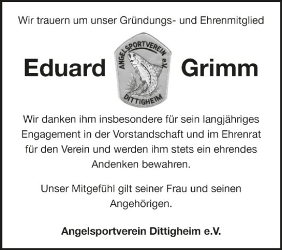Traueranzeige von Eduard Grimm von Fränkische Nachrichten