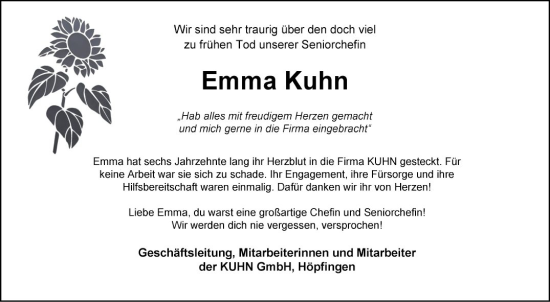 Traueranzeige von Emma Kuhn von Fränkische Nachrichten