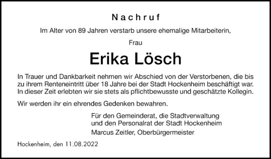 Traueranzeige von Erika Lösch von Schwetzinger Zeitung