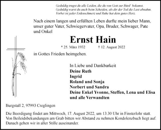 Traueranzeige von Ernst Hain von Fränkische Nachrichten