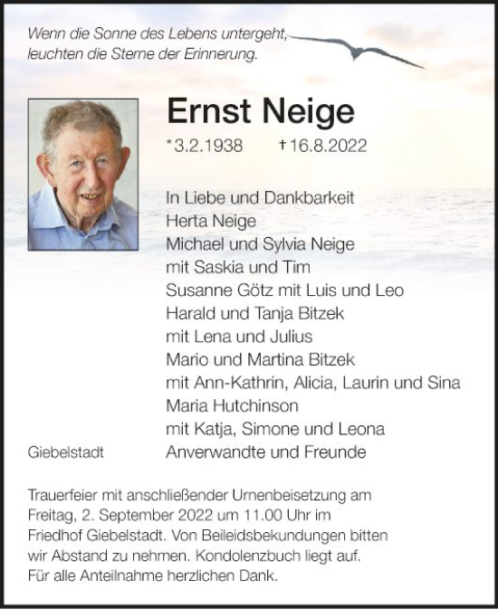 Traueranzeige von Ernst Neige von Fränkische Nachrichten