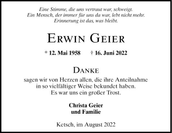 Traueranzeige von Erwin Geier von Schwetzinger Zeitung
