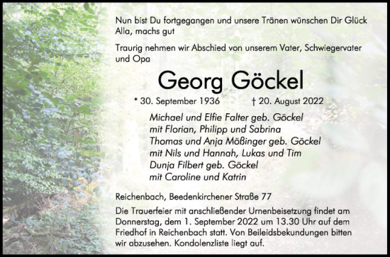 Traueranzeige von Georg Göckel von Bergsträßer Anzeiger
