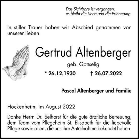Traueranzeige von Gertrud Altenberger von Schwetzinger Zeitung