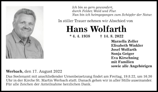 Traueranzeige von Hans Wolfarth von Fränkische Nachrichten