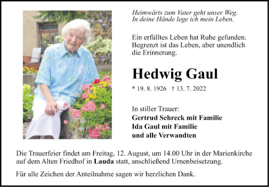 Traueranzeige von Hedwig Gaul von Fränkische Nachrichten