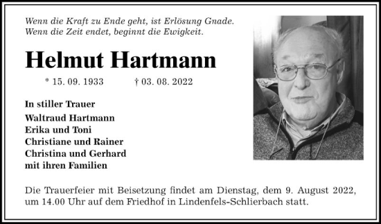 Traueranzeige von Helmut Hartmann von Bergsträßer Anzeiger