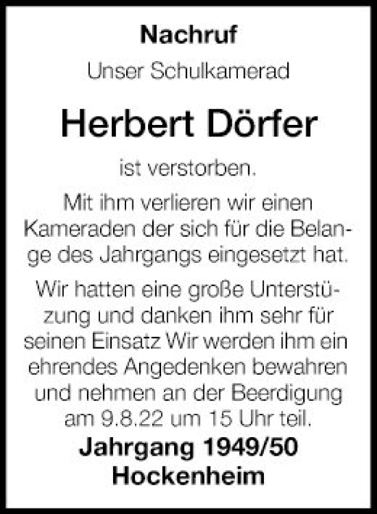 Traueranzeige von Herbert Dörfer von Schwetzinger Zeitung