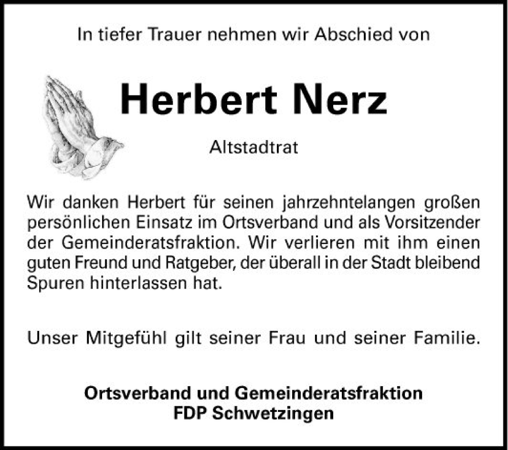  Traueranzeige für Herbert Nerz vom 13.08.2022 aus Schwetzinger Zeitung