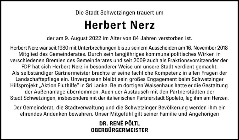  Traueranzeige für Herbert Nerz vom 13.08.2022 aus Schwetzinger Zeitung