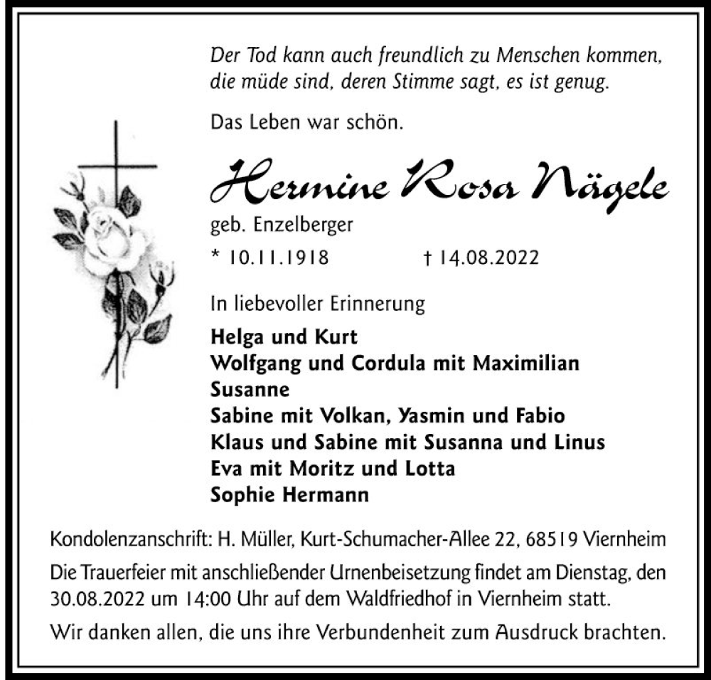  Traueranzeige für Hermine Rosa Nägele vom 27.08.2022 aus Mannheimer Morgen