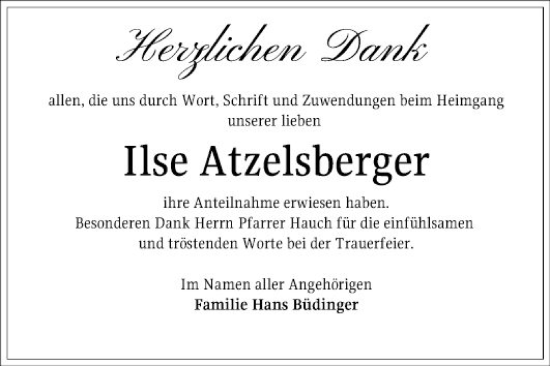 Traueranzeige von Ilse Atzelsberger von Bergsträßer Anzeiger