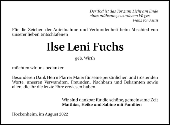 Traueranzeige von Ilse Leni Fuchs von Schwetzinger Zeitung