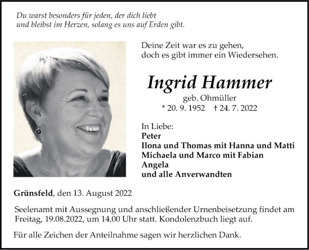  Traueranzeige für Ingrid Hammer vom 13.08.2022 aus Fränkische Nachrichten