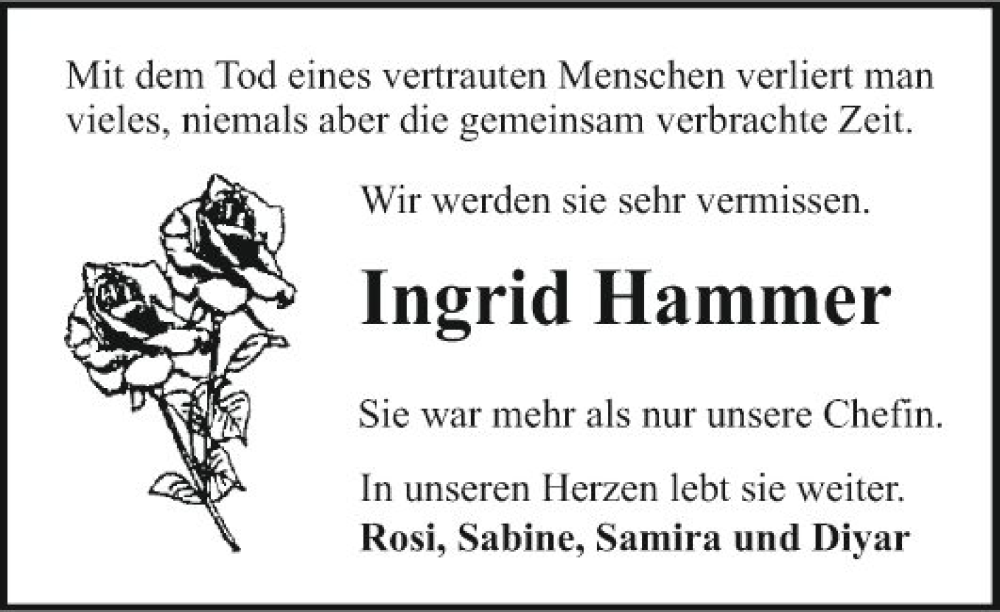  Traueranzeige für Ingrid Hammer vom 13.08.2022 aus Fränkische Nachrichten