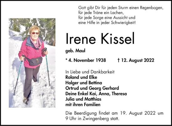 Traueranzeige von Irene Kissel von Bergsträßer Anzeiger