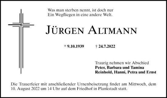 Traueranzeige von Jürgen Altmann von Schwetzinger Zeitung