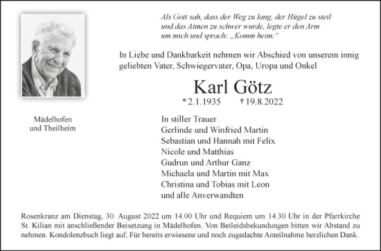 Traueranzeige von Karl Götz von Fränkische Nachrichten