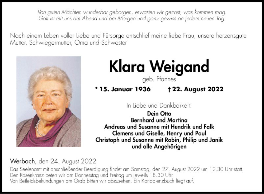  Traueranzeige für Klara Weigand vom 24.08.2022 aus Fränkische Nachrichten