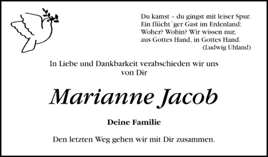 Traueranzeige von Marianne Jacob von Schwetzinger Zeitung