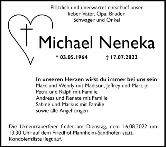Traueranzeige von Michael Neneka von Mannheimer Morgen