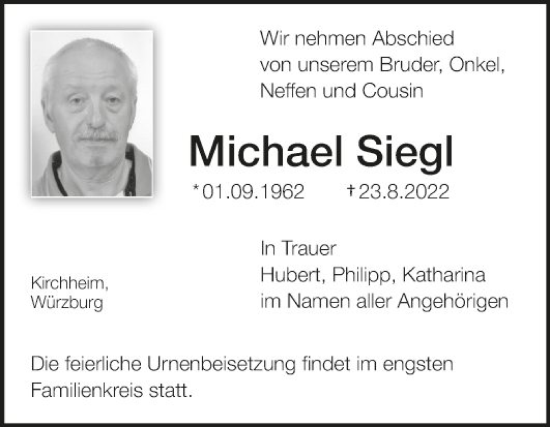Traueranzeige von Michael Siegl von Fränkische Nachrichten
